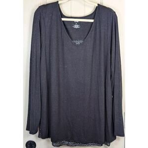 EVRI Black Knit Pullover Tunic Top Polka Dot Back Size 2X V-Neck Long Sleeve NWT